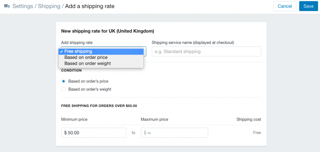 Shopify free shipping rate