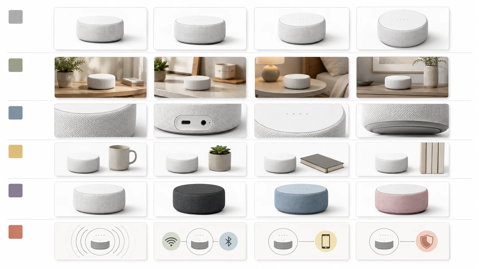 Six rows of four product photo thumbnails illustrating the 24-image test matrix used in this comparison