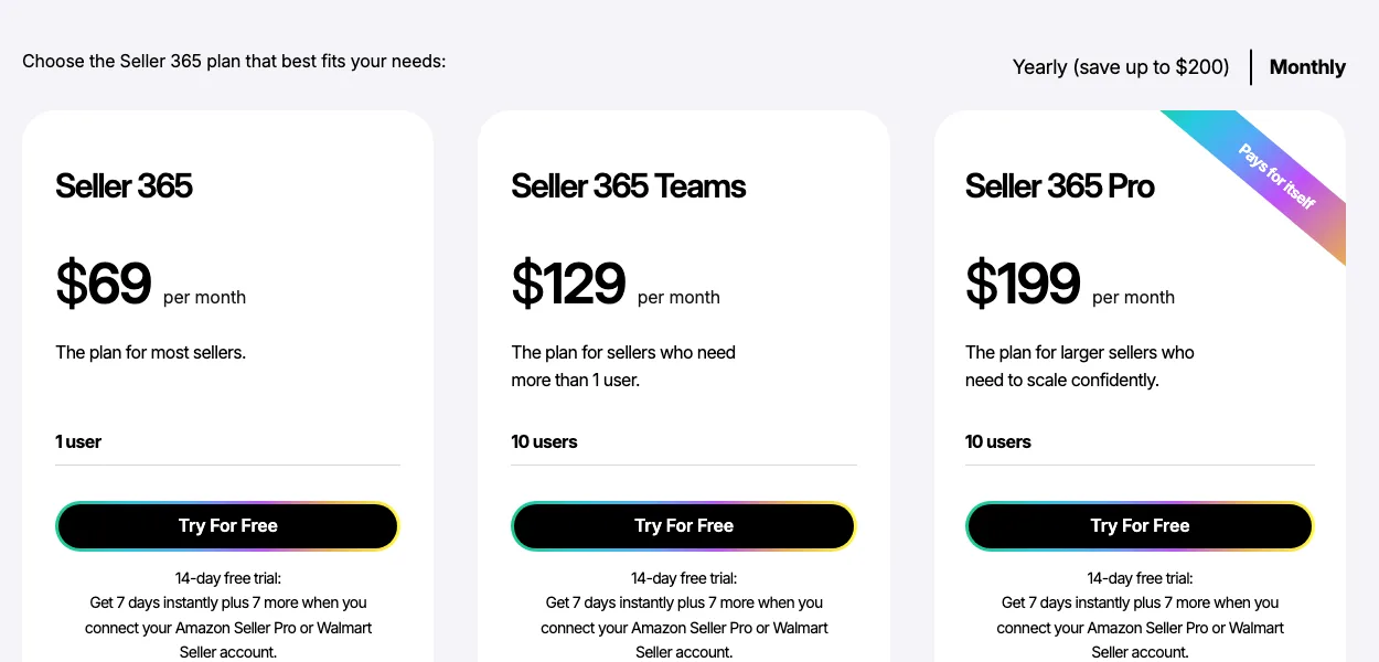 Threecolts Seller 365 pricing page showing the three plans on monthly billing